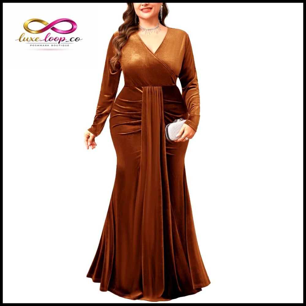 Plus Size Velvet Wrap Dress Long Sleeve V Neck Mermaid Maxi Formal Evening Gown